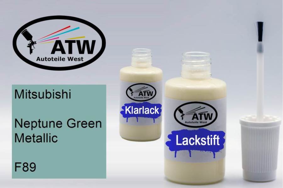 Mitsubishi, Neptune Green Metallic, F89: 20ml Lackstift + 20ml Klarlack - Set, von ATW Autoteile West.